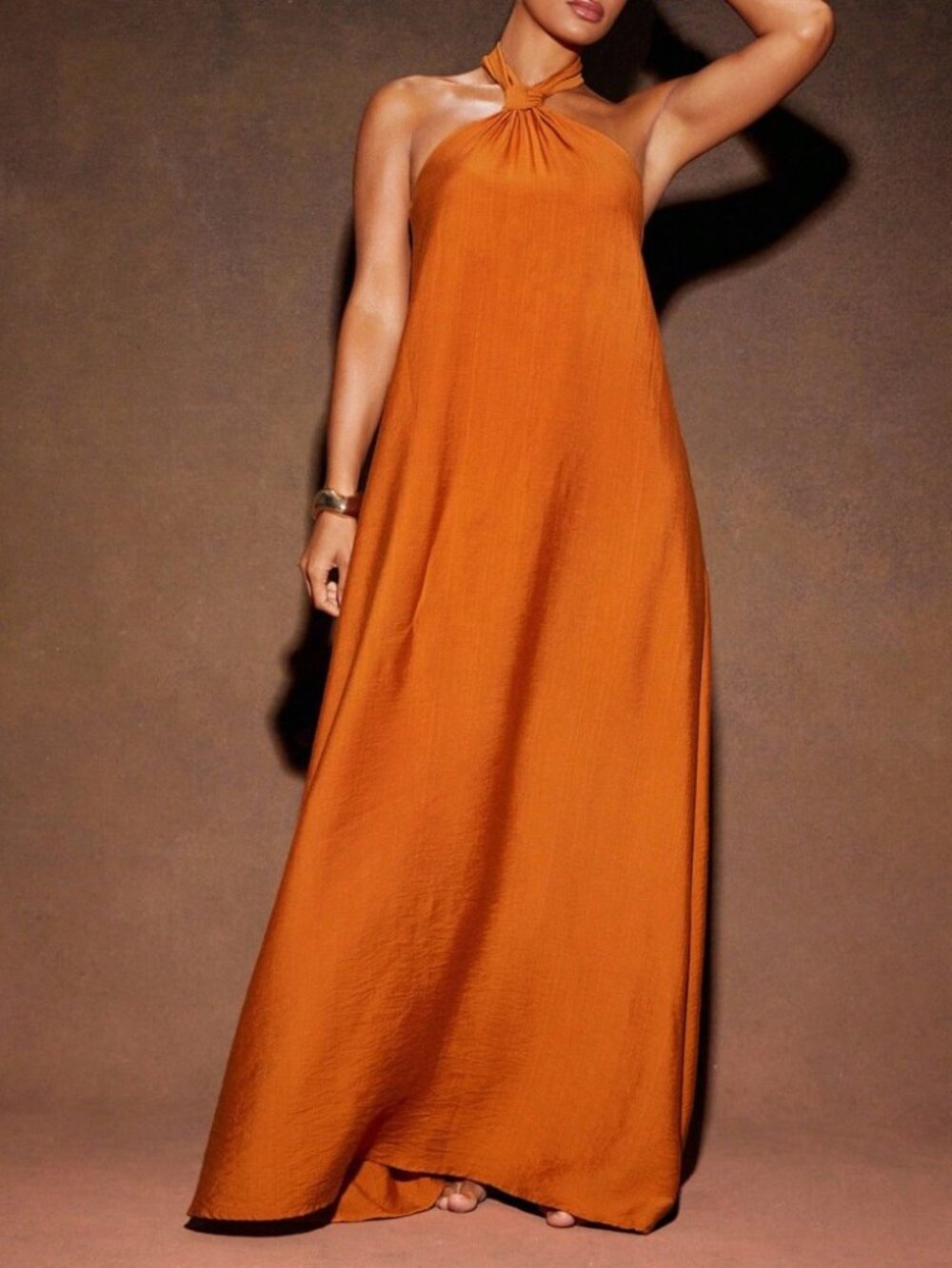 Rust Orange Halter Maxi Dress with Twist Neck Detail